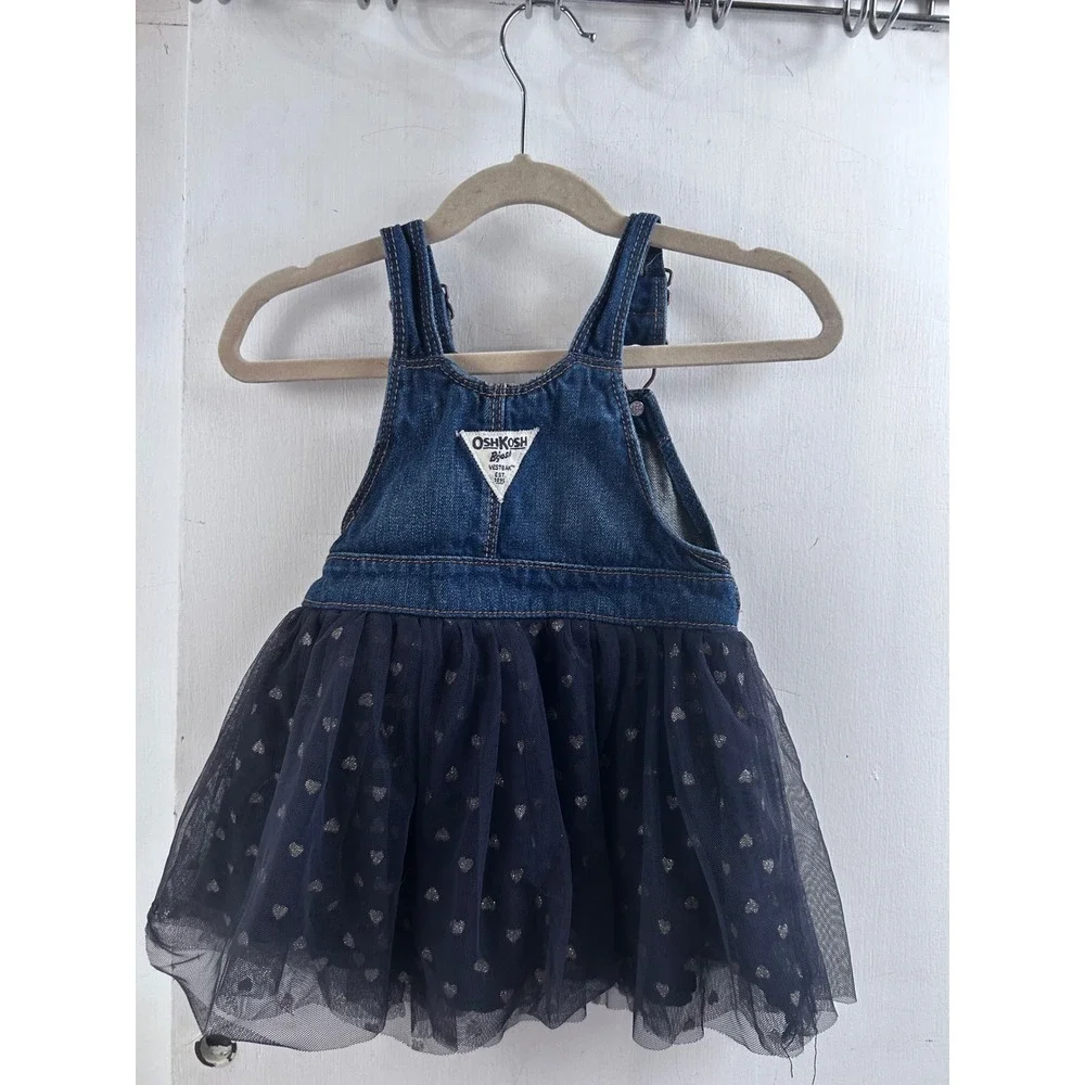 OshKosh B'gosh Denim Tulle Dress 18M Blue Heart Print Overall Skirt Toddler Girl